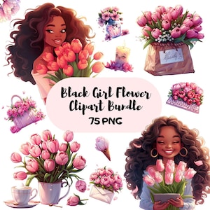 Paquete de imágenes prediseñadas de flores de niña negra / 125 elementos de hermosos diseños florales / Gráficos PNG para invitaciones, papelería y más