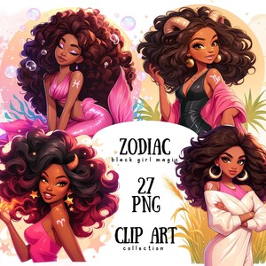 Clipart zodiaku Afro – astrologia czarnej dziewczyny, do wydrukowania clipart zodiaku dziewczyny, niebiańska czarna dziewczyna, sztuka do wydrukowania, naklejki, magia czarnej dziewczyny