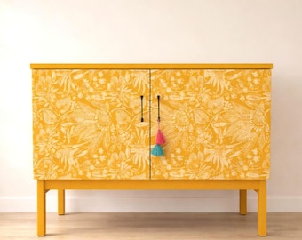 Yellow Boho TV Stand • Vintage 80s/90s Sideboard • Hand-Painted Botanical Cabinet