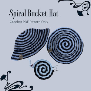 May include: Three crochet bucket hats in a spiral design, with black and light blue stripes. The hats are in different shapes and sizes. The text "Spiral Bucket Hat" and "Crochet PDF Pattern Only" are displayed at the top of the image.