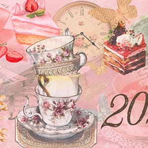 Może przedstawiać: Kolaż w stylu vintage z  stosami filiżanek do herbaty z kwiatowymi wzorami, różową kokardką, kawałkiem ciasta, zegarem, deserem z jagodami i napisem 2026 w brązowym stylu pisma.