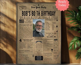 May include: A framed newspaper-style print celebrating Bob's 80th birthday. The design features a portrait, headlines, and information from 1946, including the U.S. population, president, and cost of living. The text reads "Available for any year - any country."