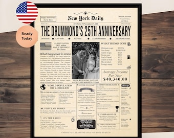 Affiche de journal du 25e anniversaire de mariage — numérique personnalisée — oeuvre d'art murale souvenir imprimable argentée