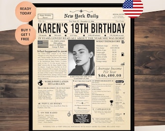 Individuell gestaltetes Zeitungsposter 19. Geburtstag: Personalisiertes Andenken (Digitaler Download