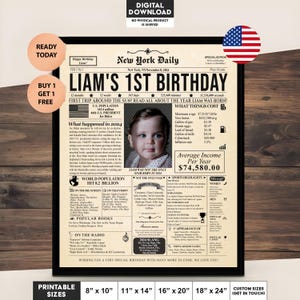 Poster di giornale per il primo compleanno / Regalo di compleanno digitale personalizzato per neonato / Arte murale stampabile per il primo compleanno