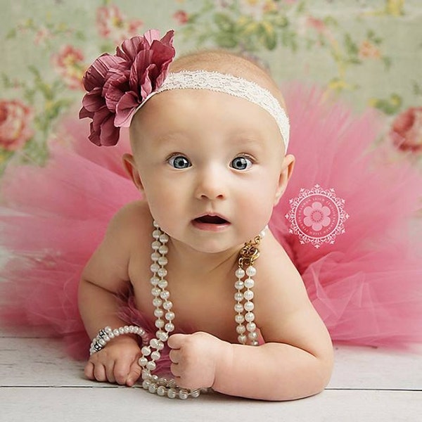Antique Rose vintage style headband,  newborn photography prop, baby headband, pink headband