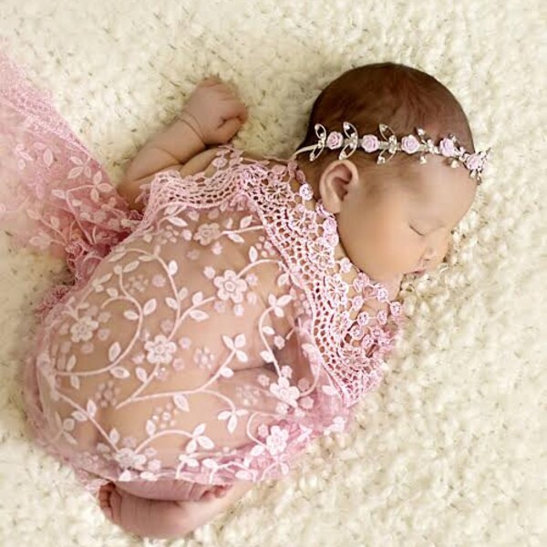 Pink Lace Wrap and Headband, Wrap Set, Fringe Lace Wrap, Baby Headband, Newborn Photo Prop, Baby Girl Prop