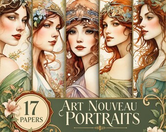Art Nouveau Portrait Digital Papers, 17 Vintage Women Floral Scrapbook Papers