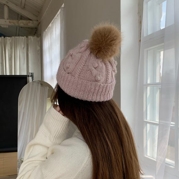 Chunky Knit Cozy Hat Handmade in Ukraine Pink Giant pompom Chunky Knit Hat Fur Pom Pom, Fuchsia Bobble Knit Hat, Merino  main image 3