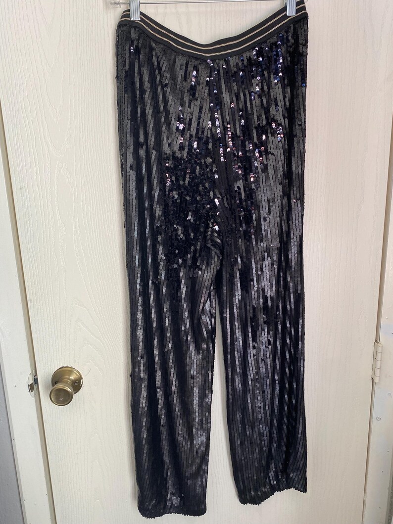 Op de afbeelding: Zwarte paillettenbroek die aan een hanger hangt. De broek heeft een wijde pijp en een zwarte elastische tailleband met een gouden streep. De pailletten zijn verticaal uitgelijnd, wat een glinsterend effect cre&euml;ert.