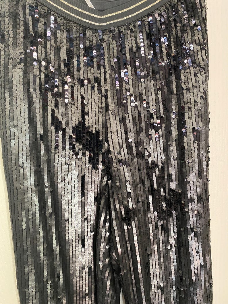 Op de afbeelding: Zwarte paillettenbroek met een brede elastische tailleband. De broek is bedekt met verticale rijen kleine, glanzende pailletten. De tailleband heeft een dunne, lichtgekleurde streep.