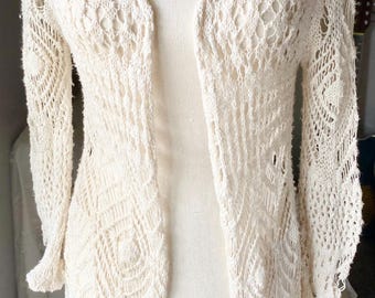 Vintage Gehäkelte Pullover Lange Creme Boho Style Cardigan