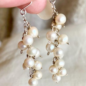 White Freshwater Pearl  and White Gold Dangle Earrings, vintage retro jewelry