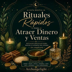 Puede incluir: Una guía digital titulada Guía Digital Rituales Rápidos para Atraer Dinero y Ventas, que muestra velas verdes, ramas de canela, un cuenco con arroz, un cucharón de miel, monedas doradas y un frasco de perfume de cristal sobre fondo oscuro.