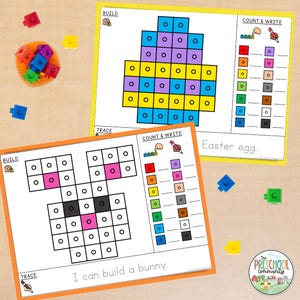 May include: Two printable worksheets for kids to build an Easter egg and a bunny using blocks. The worksheets include a grid for building, a color key, and a space to count and write the number of blocks used for each color. The worksheets also include the text "I can build a bunny." and "Easter egg."
