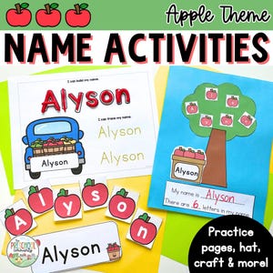 Pode incluir: Atividades educativas com tema de maçã para nomes de pré-escola. Inclui páginas para construir e traçar o nome "Alyson", recortes de letras em forma de maçã e uma atividade de árvore. A imagem apresenta um caminhão azul carregando maçãs.