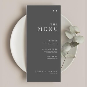 Gray Menu Cards Wedding Minimalist Design Thank You Card Editable Wedding Design, Canva Template, Menu Card and Thank you Card