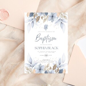 Christening Invitation, Baptism Invitation Template, Floral Baptism Invite Design, Printable Invitation, Editable Christening Invitation