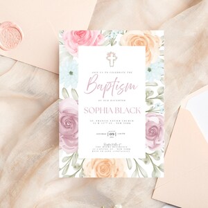 Christening Invitation, Baptism Invitation Template, Floral Baptism Invite Design, Printable Invitation, Editable Christening Invitation