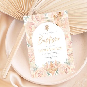 Christening Invitation, Baptism Invitation Template, Floral Baptism Invite Design, Printable Invitation, Editable Christening Invitation