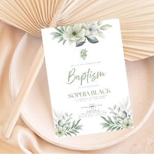 Christening Invitation, Baptism Invitation Template, Floral Baptism Invite Design, Printable Invitation, Editable Christening Invitation