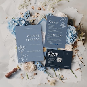 Dusty Blue Wedding Invitation Template Minimalist Wedding Invitation Editable, Dusty Blue Minimalist Wedding Invites Canva Template