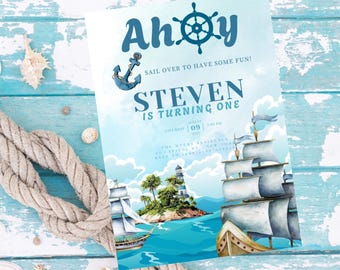 Editable Nautical Birthday Invitation template, Nautical Invitation, Sailor Invitation, Nautical Editable Digital Printable Invitation