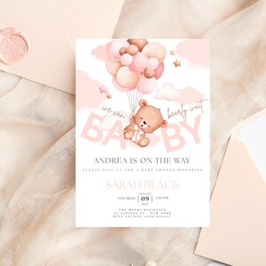 We Can Bearly Wait Baby Shower Invite Editable Pink Baby Bear Balloon Baby Shower Invitation Bear Theme Invites Girl Invite Instant Download