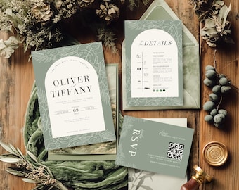 Tropical Wedding Invitation Emerald Sage Green Editable Template, Greenery Flower Invitation Tropical Design Wedding Invite, Canva Template