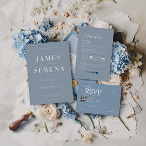 Dusty Blue Wedding Invitation Template Minimalist Wedding Invitation Editable, Dusty Blue Minimalist Wedding Invites Canva Template