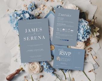 Dusty Blue Wedding Invitation Template Minimalist Wedding Invitation Editable, Dusty Blue Minimalist Wedding Invites Canva Template