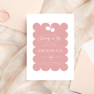 Invitación para baby shower "Cereza en la cima", tarjetas de invitación editables para baby shower "Cereza en la cima", invitación personalizable y editable para baby shower