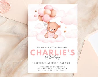 Invitación editable para el primer cumpleaños de un osito rosa, invitación para el primer cumpleaños de una niña osito de peluche, plantilla de Canva