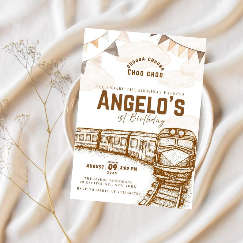 Editable Brown Train Birthday Invitation Template, Toy Train Invitation ...