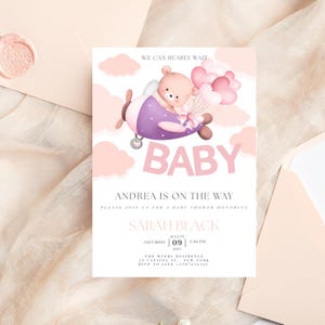 We Can Bearly Wait Baby Shower Invite Editable Pink Baby Bear Balloon Baby Shower Invitation Bear Theme Invites Girl Invite Instant Download