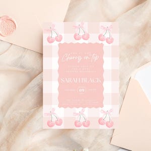 Invitación para baby shower "Cereza en la cima", tarjetas de invitación editables para baby shower "Cereza en la cima", invitación personalizable y editable para baby shower