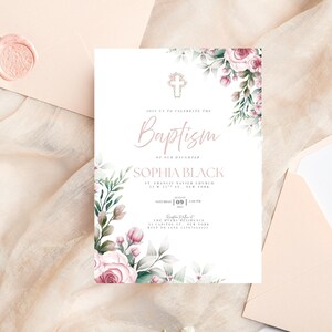 Christening Invitation, Baptism Invitation Template, Floral Baptism Invite Design, Printable Invitation, Editable Christening Invitation