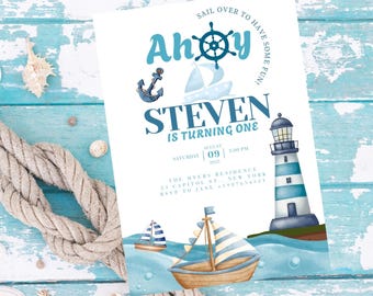 Editable Nautical Birthday Invitation template, Nautical Invitation, Sailor Invitation, Nautical Editable Digital Printable Invitation