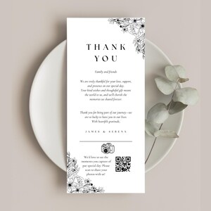 Tarjetas de menú con flores abstractas, tarjetas de menú para bodas, diseño minimalista, tarjeta de agradecimiento, diseño de boda editable, plantilla de Canva para menú y agradecimiento.