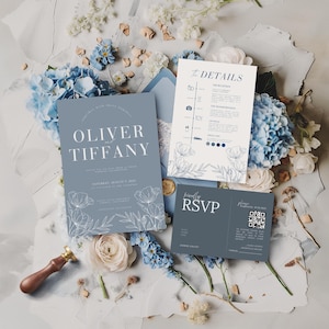 Dusty Blue Wedding Invitation Template Minimalist Wedding Invitation Editable, Dusty Blue Minimalist Wedding Invites Canva Template