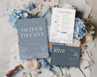 Dusty Blue Wedding Invitation Template Minimalist Wedding Invitation Editable, Dusty Blue Minimalist Wedding Invites Canva Template