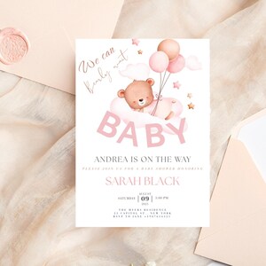 We Can Bearly Wait Baby Shower Invite Editable Pink Baby Bear Balloon Baby Shower Invitation Bear Theme Invites Girl Invite Instant Download