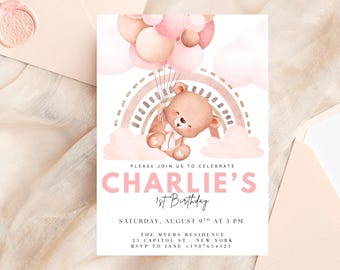 Invitación editable para el primer cumpleaños de un osito rosa, invitación para el primer cumpleaños de una niña osito de peluche, plantilla de Canva