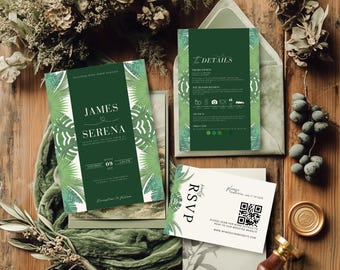 Tropical Wedding Invitation Emerald Green Editable Template, Greenery Flower Invitation Tropical Design Wedding Invite, Canva Template
