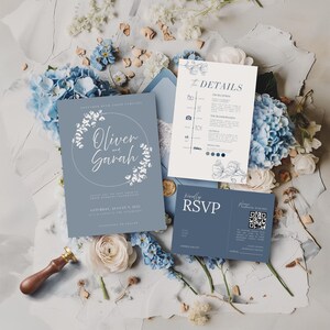 Dusty Blue Wedding Invitation Template Minimalist Wedding Invitation Editable, Dusty Blue Minimalist Wedding Invites Canva Template