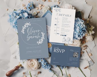 Dusty Blue Wedding Invitation Template Minimalist Wedding Invitation Editable, Dusty Blue Minimalist Wedding Invites Canva Template
