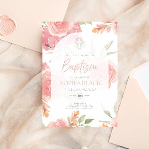 Christening Invitation, Baptism Invitation Template, Floral Baptism Invite Design, Printable Invitation, Editable Christening Invitation