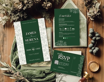 Tropical Wedding Invitation Emerald Green Editable Template, Greenery Flower Invitation Tropical Design Wedding Invite, Canva Template