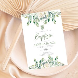Christening Invitation, Baptism Invitation Template, Floral Baptism Invite Design, Printable Invitation, Editable Christening Invitation