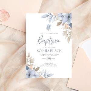 Christening Invitation, Baptism Invitation Template, Floral Baptism Invite Design, Printable Invitation, Editable Christening Invitation
